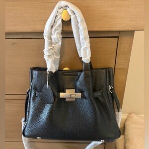 NWT Black Pebbled Leather Top Handle Crossbody Kelly Birkin Silver Hardware